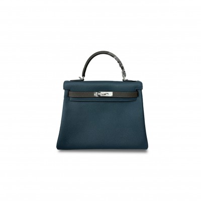 HERMÈS KELLY 28 EPSOM DUCK BASKET PEWTER GRAY SILVER BUCKLE (28*22*10cm) 